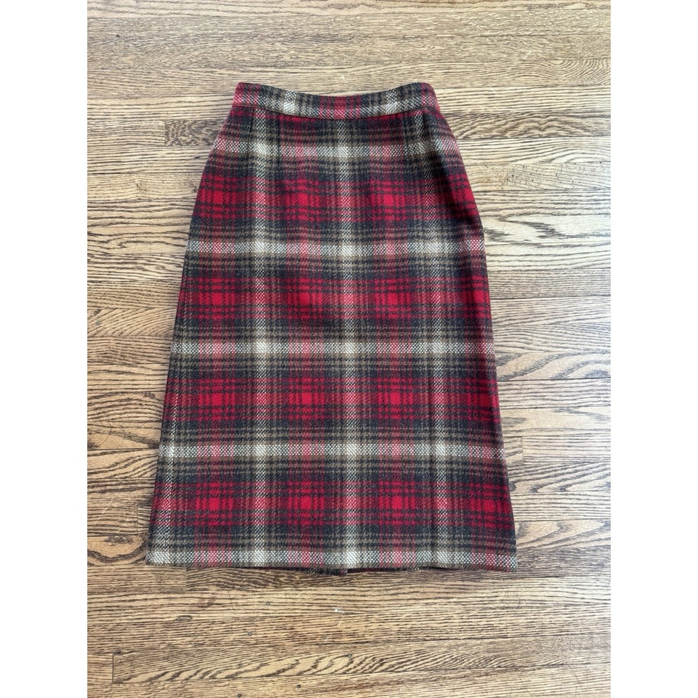 Vintage Pendleton Wool Plaid Midi Skirt Size 10 Red Brown Tartan USA